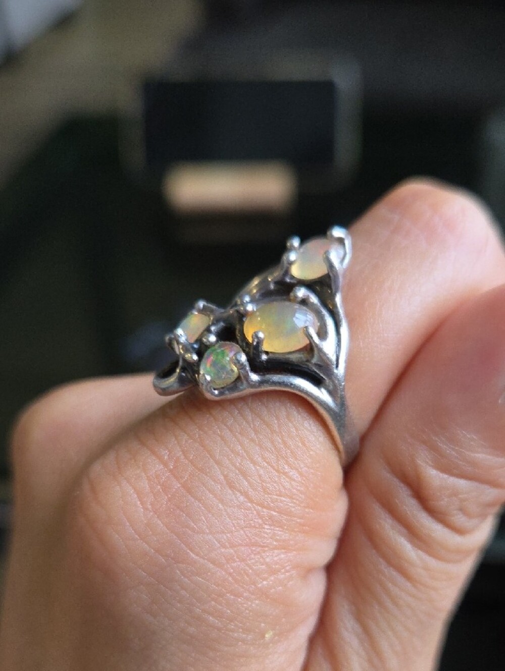 925 Silver Opal Cluster Ring - Yellow/White Opal - Picture 2 of 6